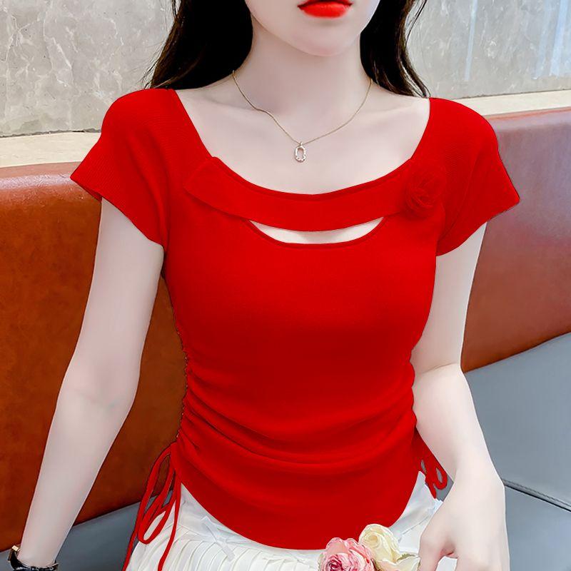 Unique Design Short Sleeved Women's Summer New Drawstring Top Slim Irregular T-shirt  Knitted Sweater