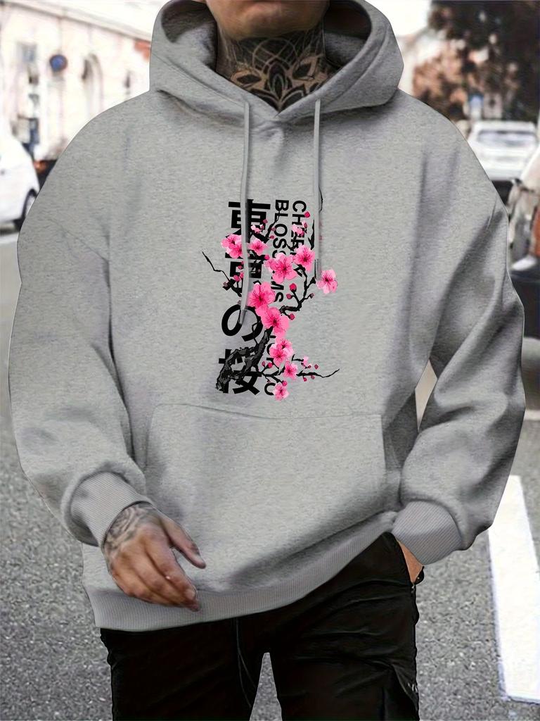Heavy‑weight fleece hoodie sweatshirt with circular sakura‑theme print artwork for men daily wearing and chill casual‑gathering occasions