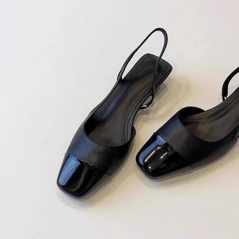 Luxury Designer French Black Low Heel Commuter Sandals Women's Fashion Casual Square Head Back Empty Leather Splicing Toe Shoes