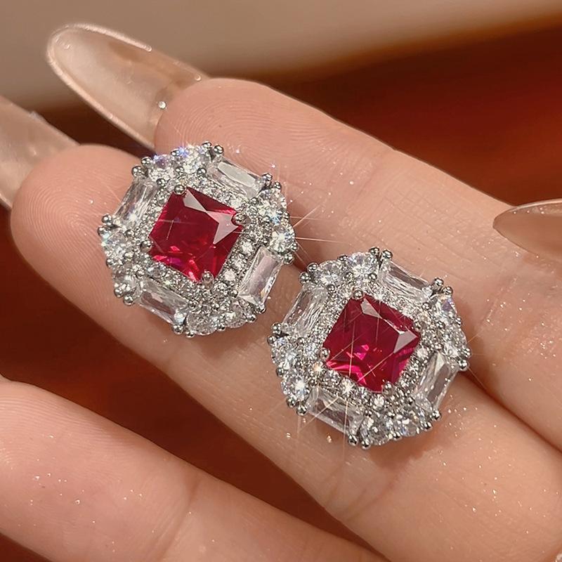 Jewelry Set Earrings Necklace Ring Colorful Ruby High-end Feeling Light Luxury Fashionable Women's