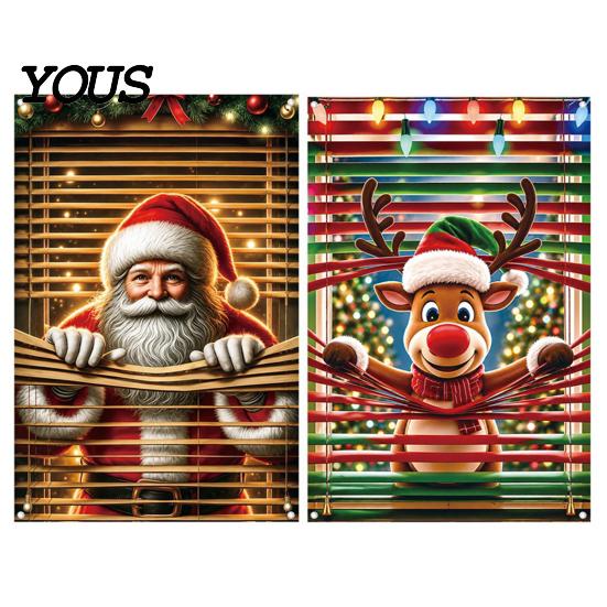 Winter Holiday Home Decor Christmas Window Cover Banner with Santa Claus and Elk Patterns, Xmas Drapes Peeking Ornament, Wall Hanging Festive Display