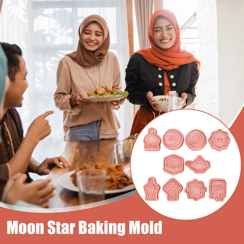 10 Pcs Eid Mubarak Cookie Cutters Food Grade Materials Moon Star Pressable Biscuits Mold Cookie Stamp Kitchen Baking Tool