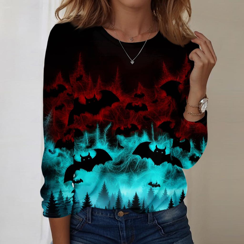 Women Long Sleeve Casual Pullover Sweatshirt Halloween Pumpkin Print Round Neck Top Lightweight Comfortable Fit
