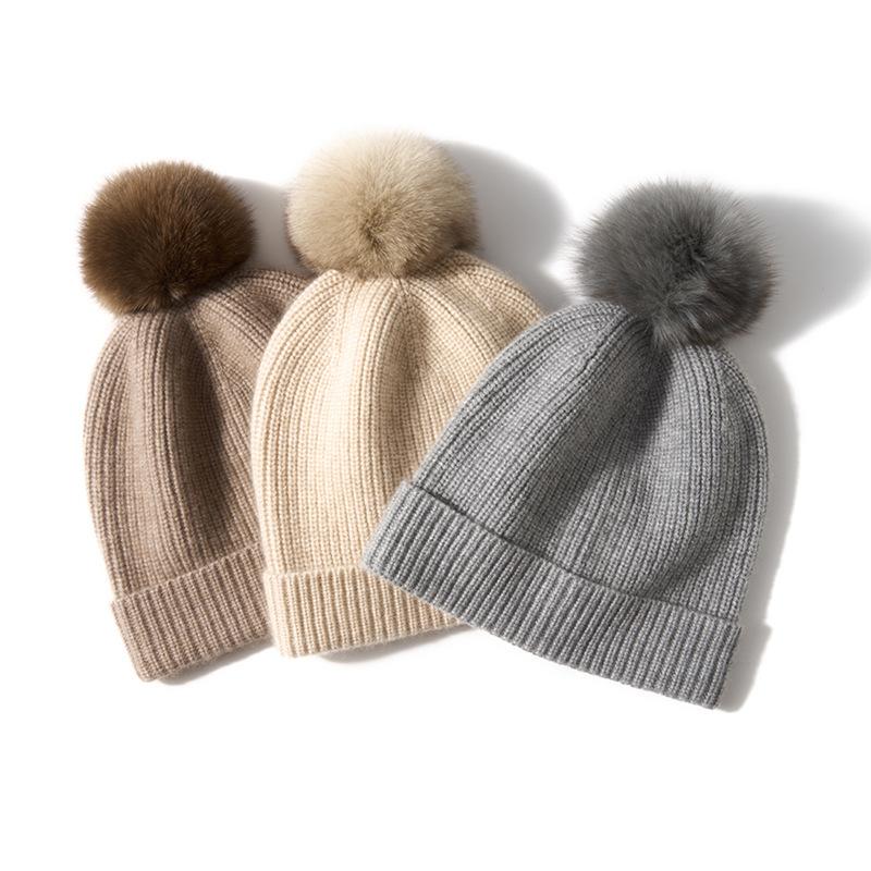 Cashmere Autumn and Winter New Style Women's High End Solid Color Striped Fur Ball Warm Fashion Knitted Casual Cuff Hat