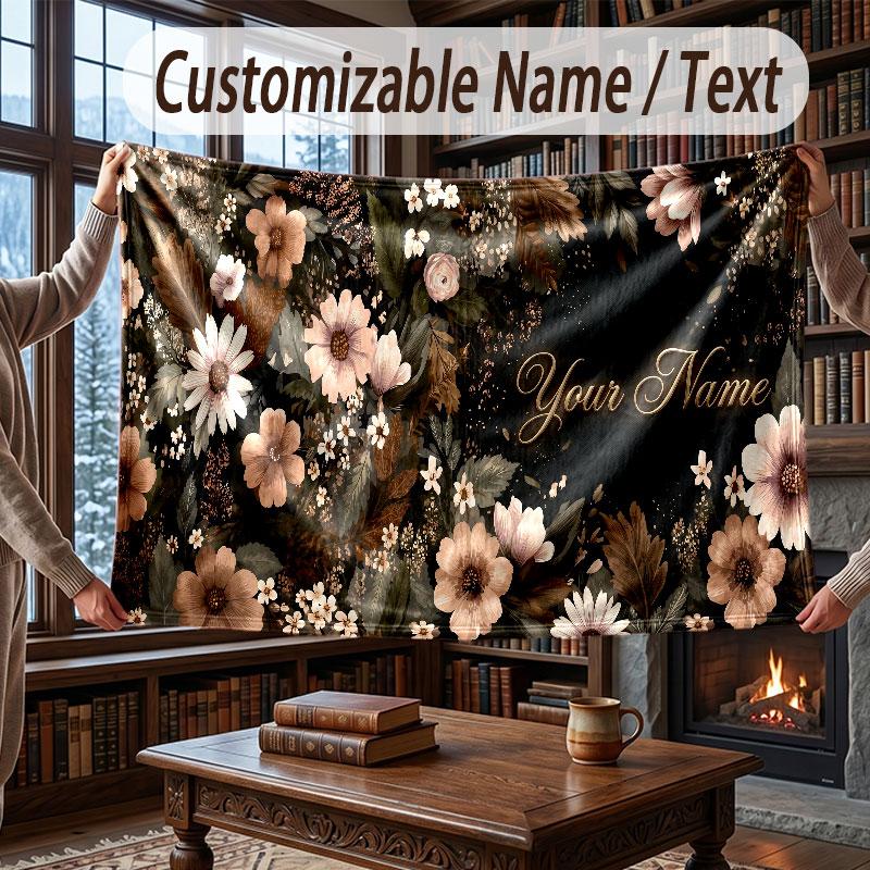 Floral Garden Theme Throw Blanket Custom Name Text Personalized Blanket Soft Cozy Blanket for Home Sofa Bed