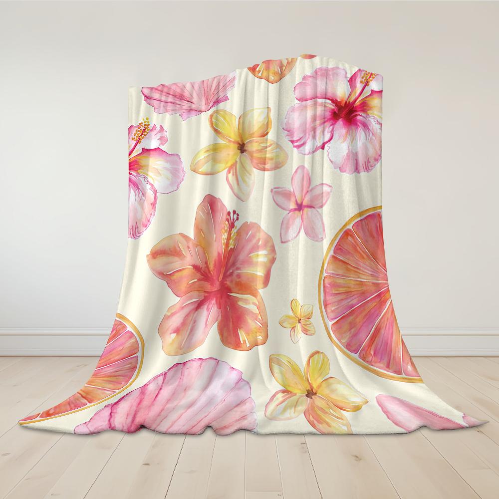Tropical Hibiscus Shell Citrus Flannel Blanket Warm Soft Halloween Christmas Couch Warm Cozy Decorative Decor for All Season