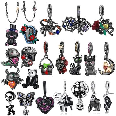 Black Gothic Style Halloween Cat Dangle Charms Fit Copper Original Bracelet For Jewelry Making Charms For Bracelets