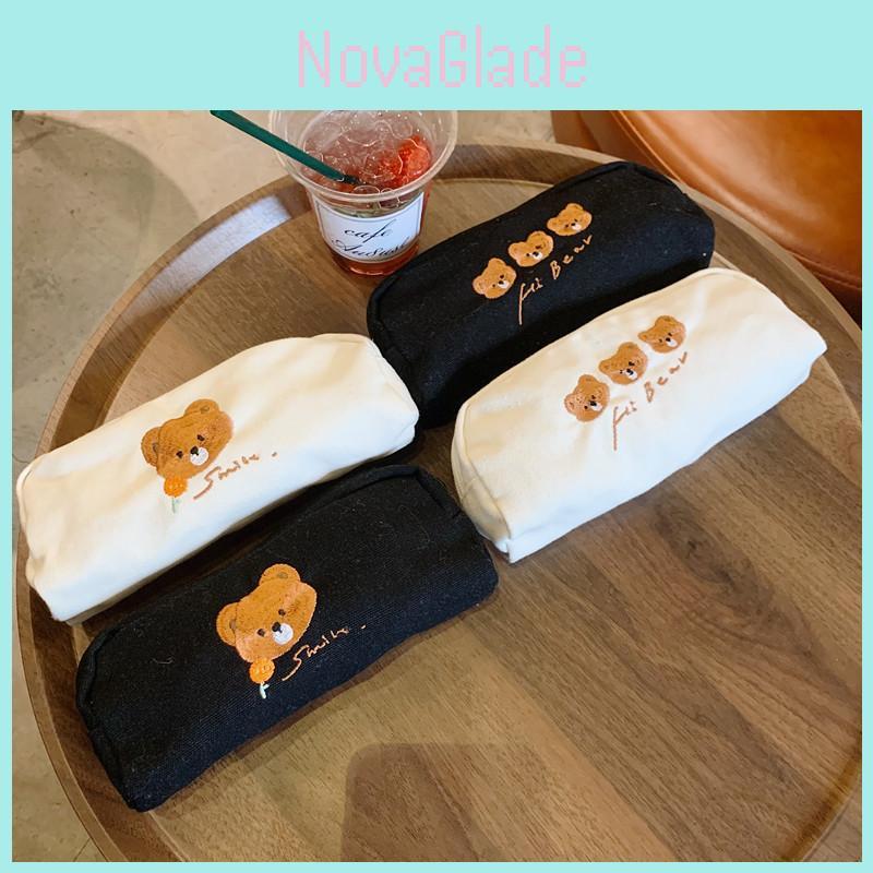 Cute Bear Embroidery Canvas Pencil Case Japanese Style Stationery Pouch Large Capacity Storage Bag