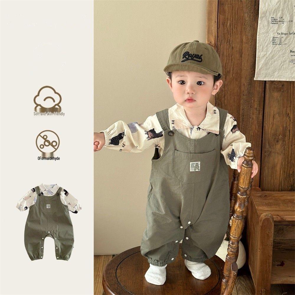 Boys' Autumn 2025 Korean Style Cartoon Shirt & Overalls Set - Fashionable Spring Outfit for Babies