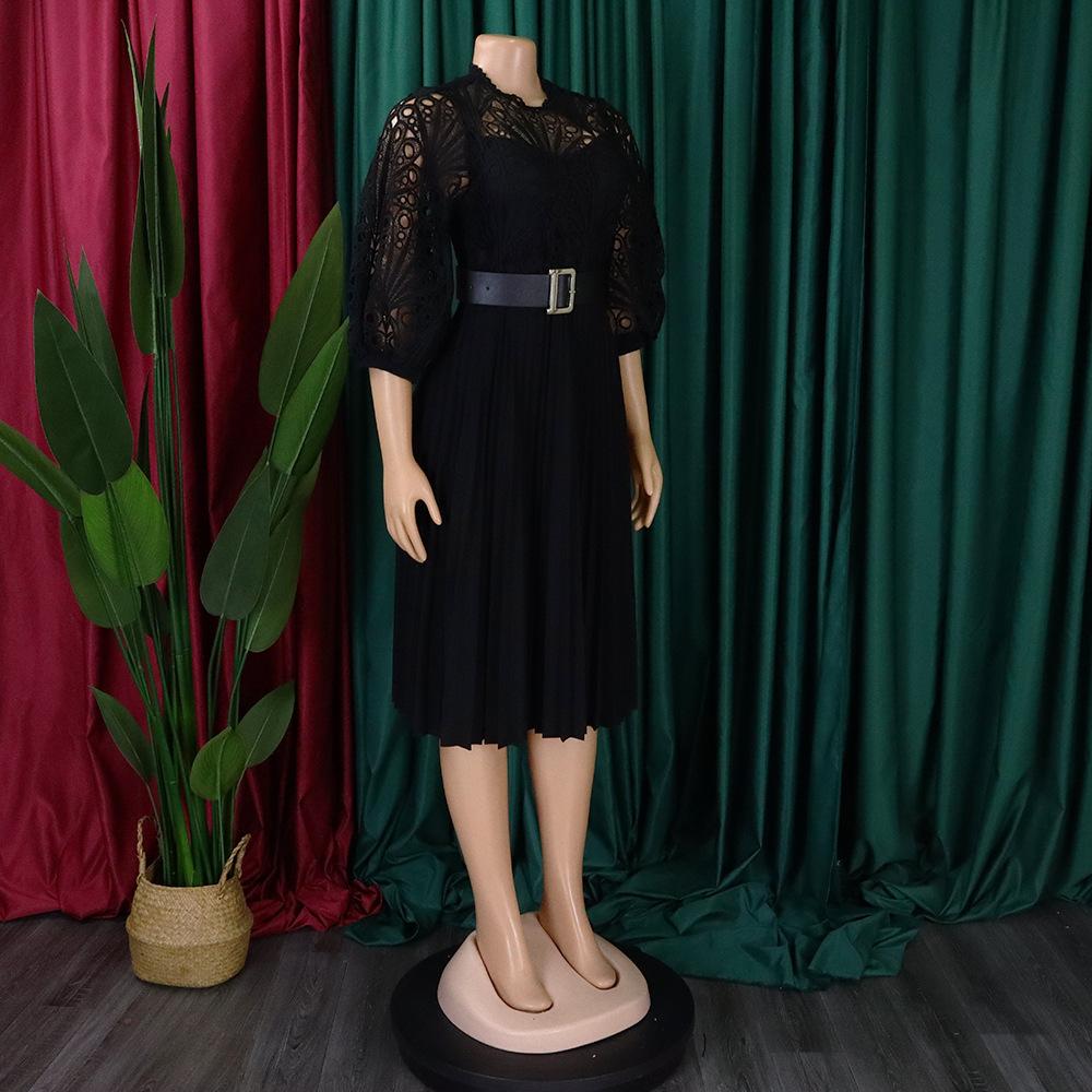 Summer Large Size Lace Hook Flower Sexy Hollow Out Pleated European and American Dress Dress