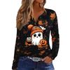 Women's Casual Long Sleeve T-Shirt with Halloween Print V-Neck and Button