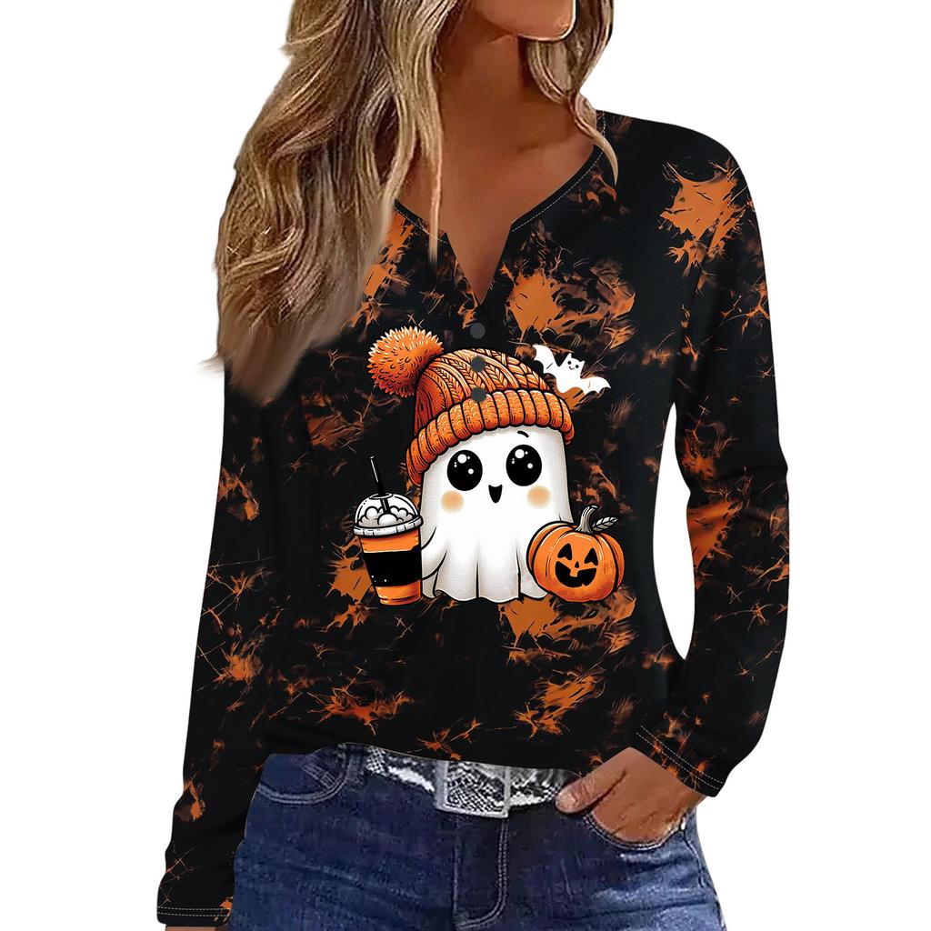 Women's Casual Long Sleeve T-Shirt with Halloween Print V-Neck and Button