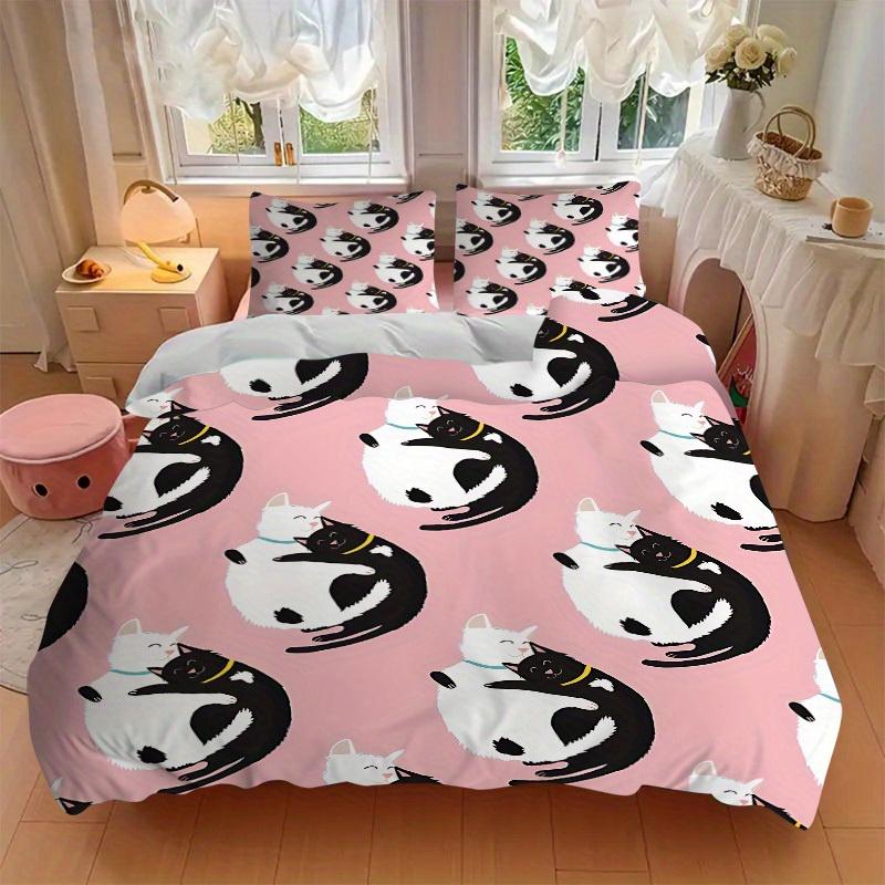 3pcs Cat Hug Pattern Bedding Set, Breathable and Soft, Suitable for All Seasons, Ideal for Home Use, Suitable for Bedroom Decor 21148