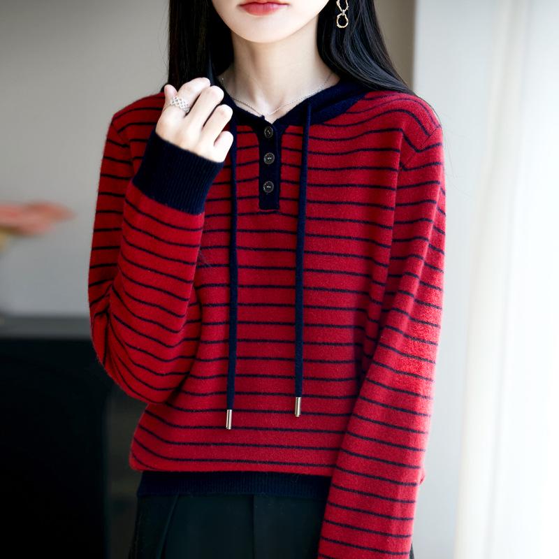 2025 Spring Slimming Striped Hooded Wool Sweater - Casual, Versatile Long-Sleeve Top for Spring and Autumn