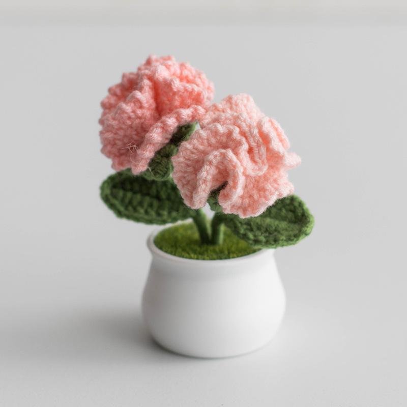 Crochet Carnation Potted Mothers Day Gift Homemade Kintted Flower Finished Kintting Plant Office Desktop Ornaments Car Decor