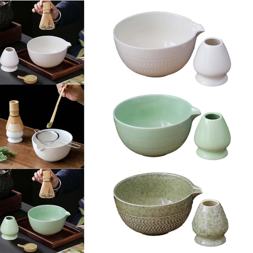2Pcs Ceramic Matcha Bowls and Whisk Holder Portable 500ml Ceramic Matcha Bowl for Party Bedroom Table Office Dining Room