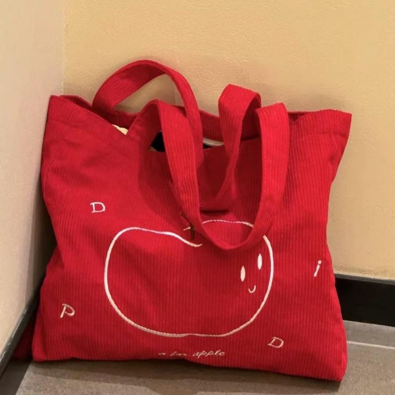 

New retro corduroy apple embroidery retro versatile commuter shoulder bag large capacity simple tote bag