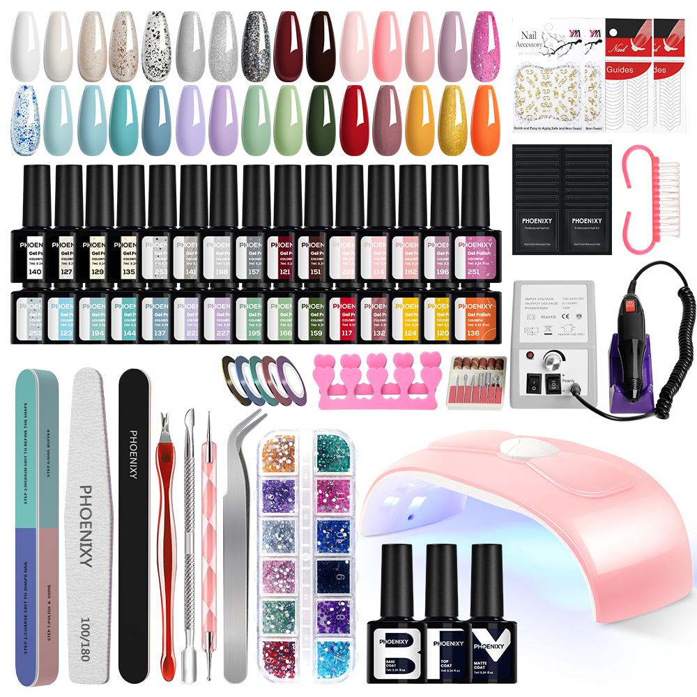PHOENIXY 30 stk Gel Neglelakksett med U V Lys 54W LED Neglelampe Neglebor Maskin Manikyrverktøy Alt-i-ett Neglegelsett