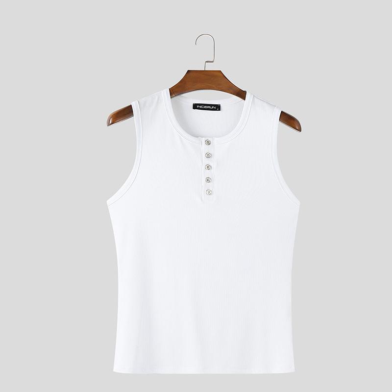 INCERUN Mens Summer Button O-neck Sleeveless Solid Color Casual Rib Tank Tops