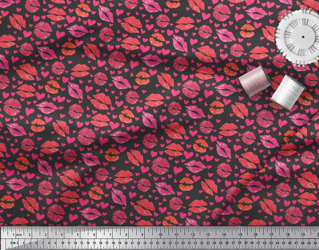 Soimoi Black Japan Crepe Satin Fabric Heart & Lips Women Print Fabric by the Metre 42 Inch