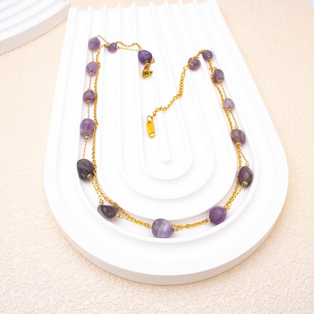 Lila Naturstein zweilagige Halsketten, Edelstahl kurze Halskette Damen, Luxus Schmuck Zubehör Kette