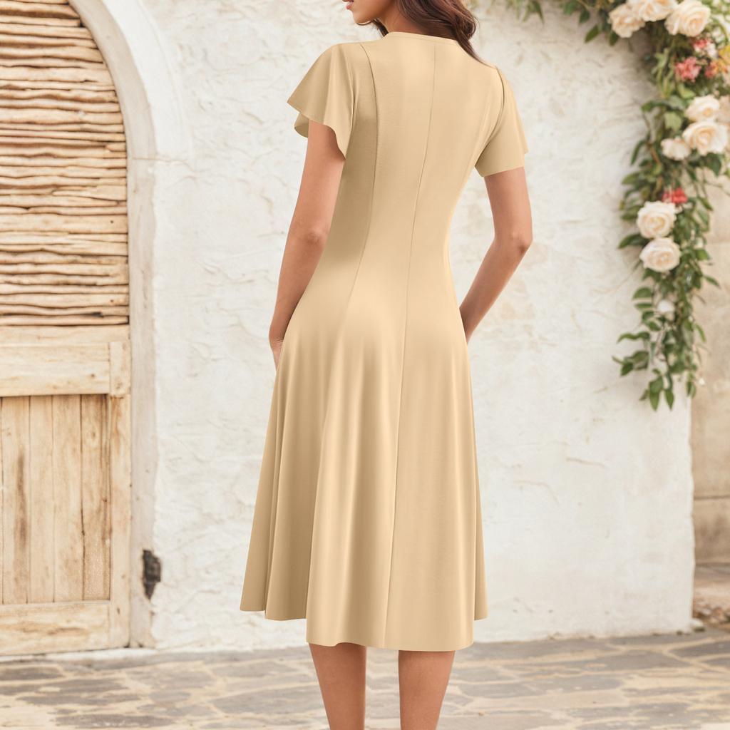 Women's Summer Fashion V-Neck Ruffle Sleeve Retro Elegant Midi Dress