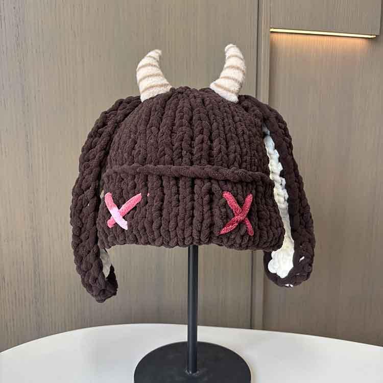 

Cute Funny Little Devil Thick Wool Hat Parent-Child Long-Eared Horn Knitted Hat Women S Thermal Ear Hat M（56-58cm） кавовий
