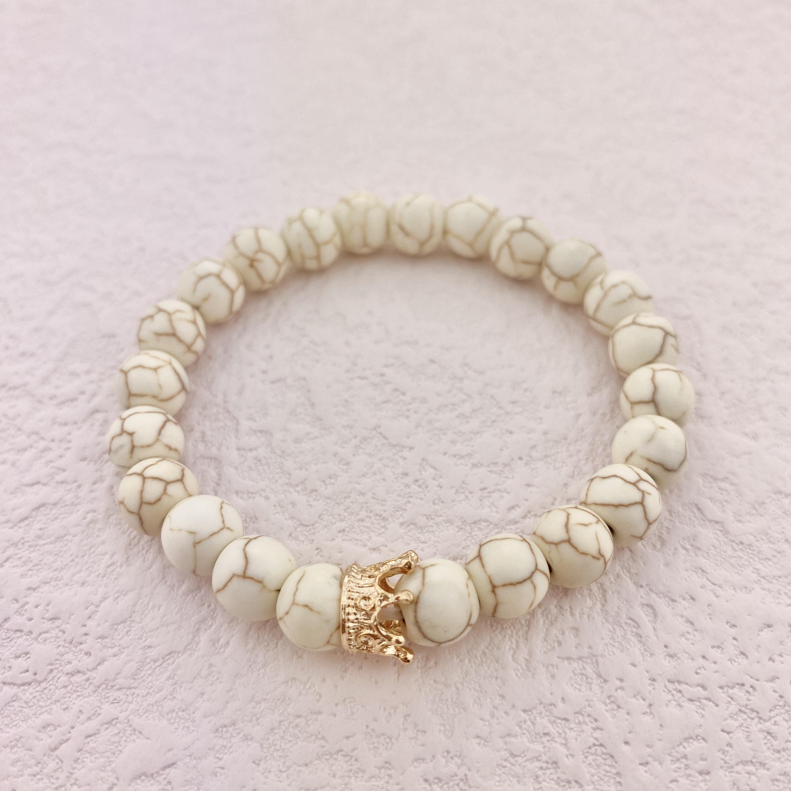 

8 мм Корона медно-белый говлитовый оникс для йоги с эластичной нитью, регулируемая бусина, натуральный черный камень из вулканической лавы, браслеты