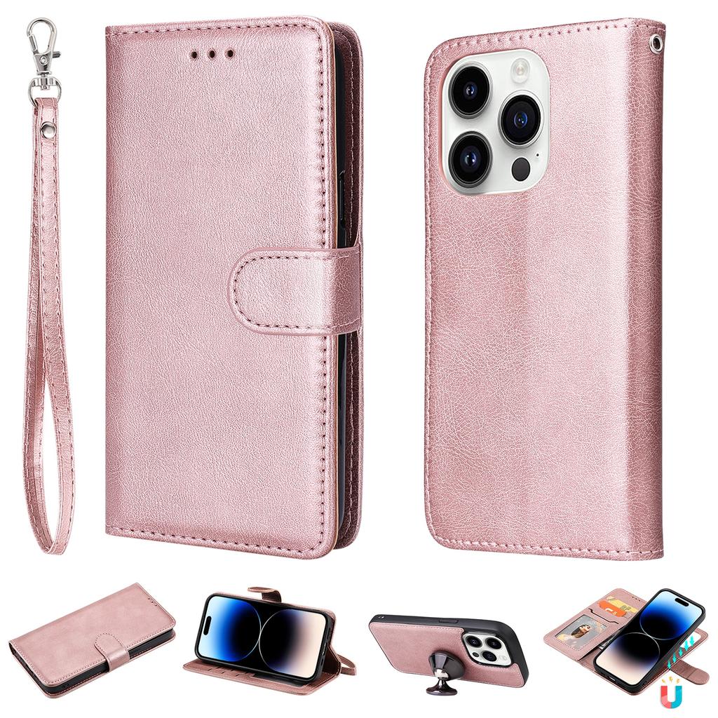 For iPhone 15 Pro Case 2 In 1 Detachable Magnetic Leather Wallet Mobile Cover with Strap
