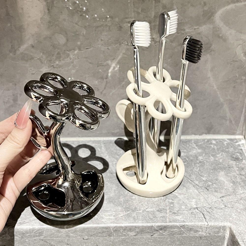 Flower Shaped Ceramic Toothbrush Holder 6 Slots Tooth Brush Storage Racks  Decoration