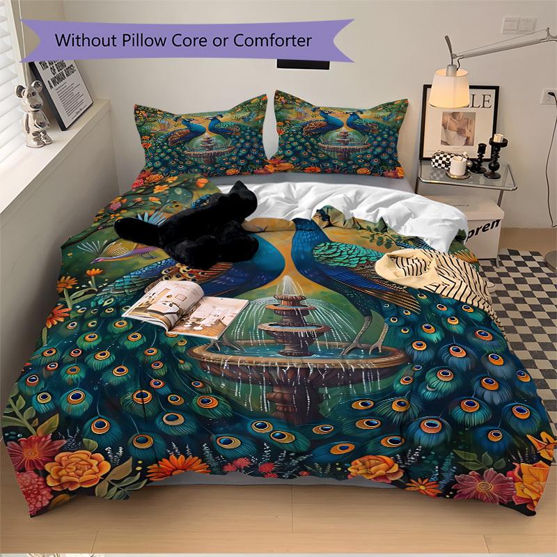 3pcs Peacock Garden Fountain Duvet Cover Set, Cover For Bedroom Guest Room (1 Duvet Cover + 2 Pillowcase, Without Quilt), yy250922132