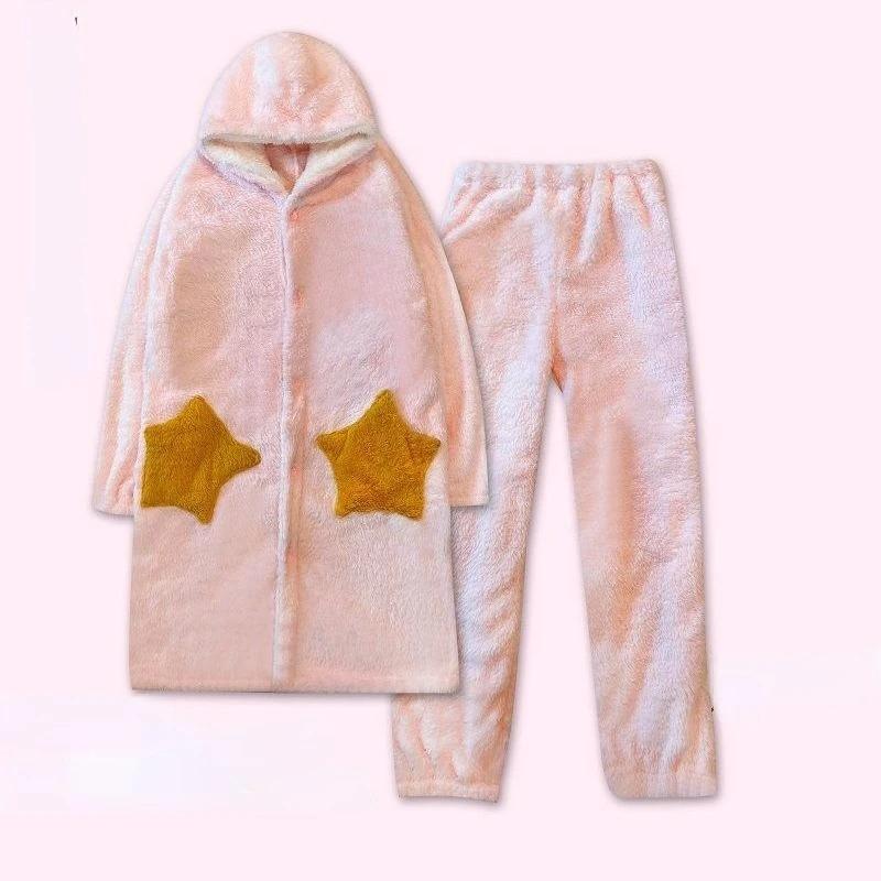 

Kawaii халат комплекты женские простые зимние шикарные милые халаты с капюшоном женские карманы мягкая фланелевая уютная толстая новейшая домашняя одежда 2 грудных клетки S