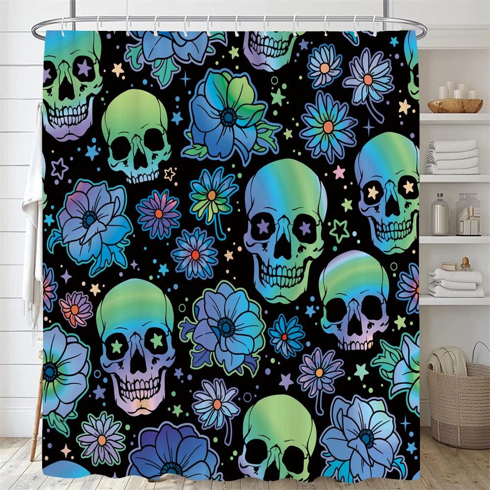 Personality Flowers And Horror Skeleton Skull Shower Curtain Polyster Fabric Home Decor Halloween Bathroom Curtain With Hooks