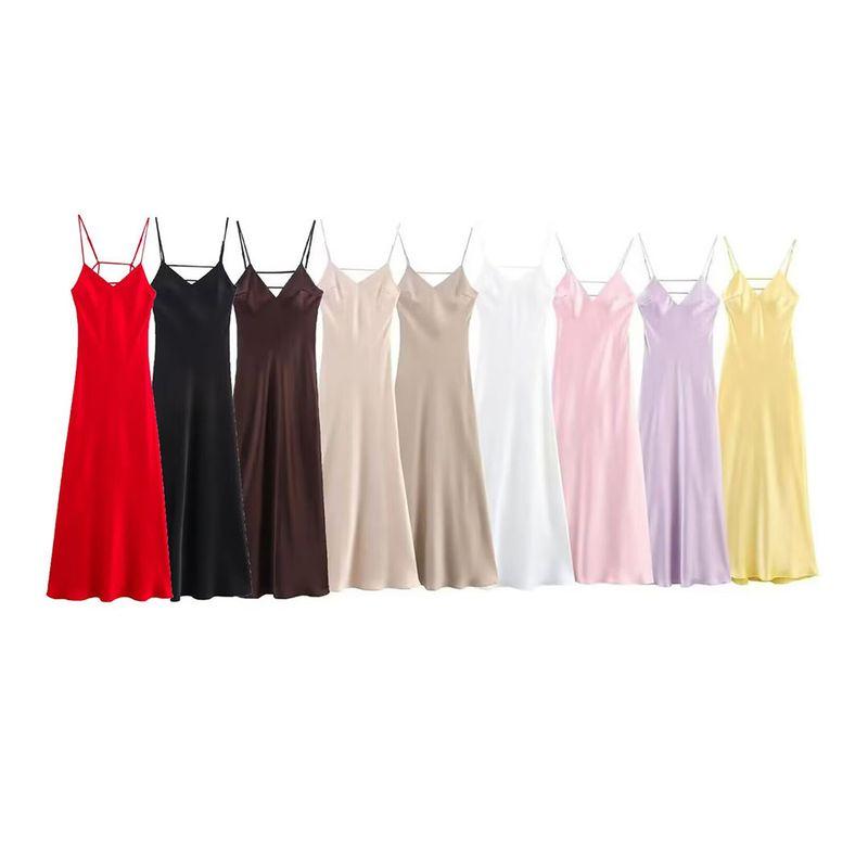 Kaslead New Women clothes Western Style Fashion Slim fit Silk Satin Texture Midi Dress 3248331