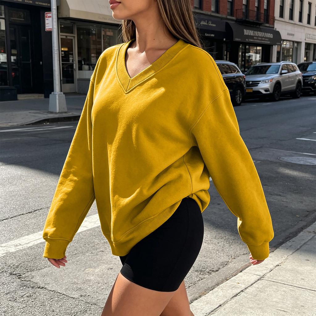 Women's V-Neck Long Sleeve Sweatshirt Casual Color Pullover