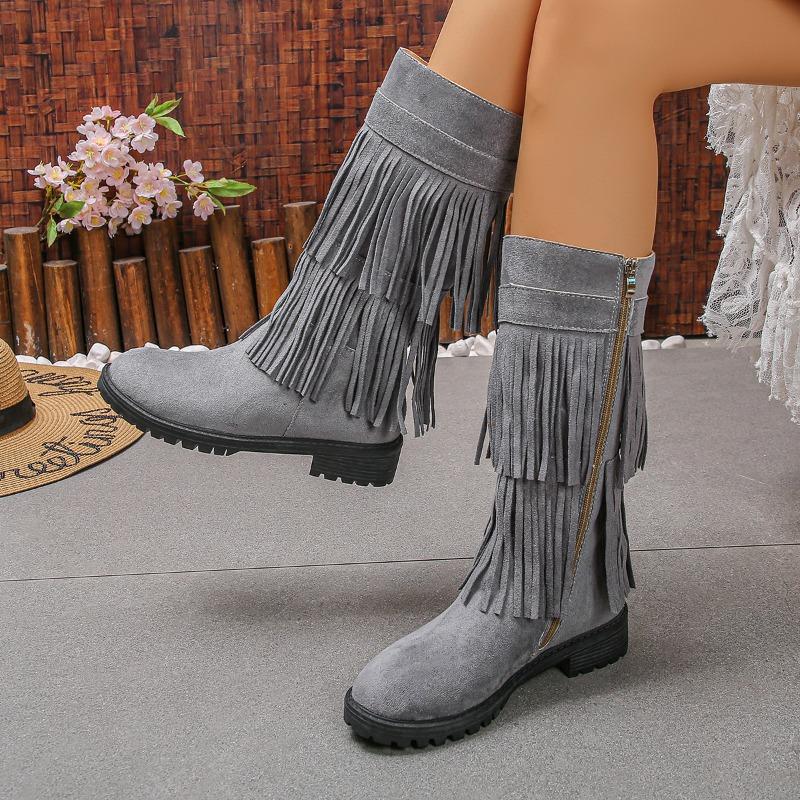 Comércio exterior novas botas de camurça europeias e americanas de camada dupla com franjas botas altas de cowboy de salto grosso com zíper lateral para mulheres