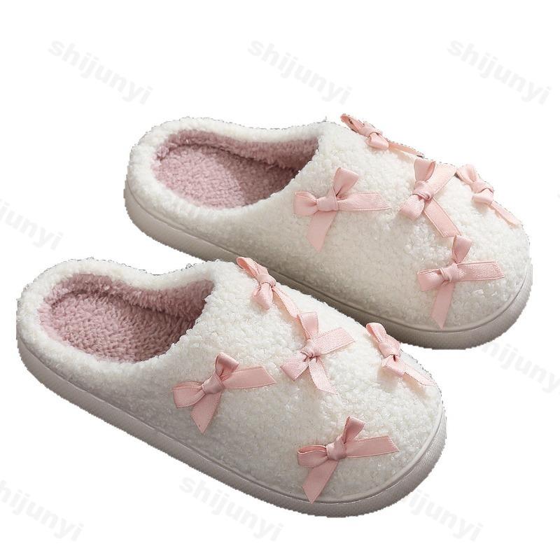 Fashion Cute Plush Shoes Winter Women's Fashion Bow Knot Warm Home Shoes Thicken Lightweight Comfortable Indoor Non Slip Cotton Slippers