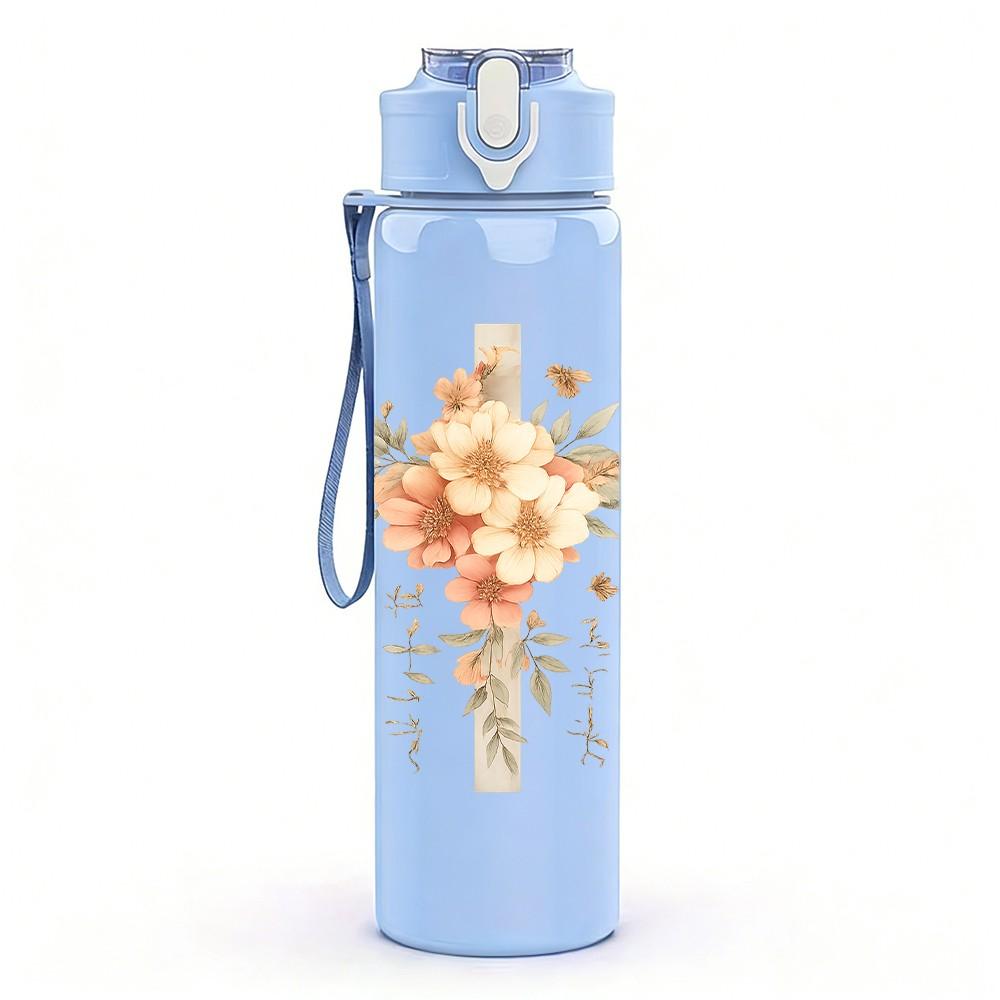 1PC Cross Flower Religious Art Print 750ml Color Plastic Sports Water Bottle Leakproof Flip Straw Lid Suitable for Sports Office Home Use