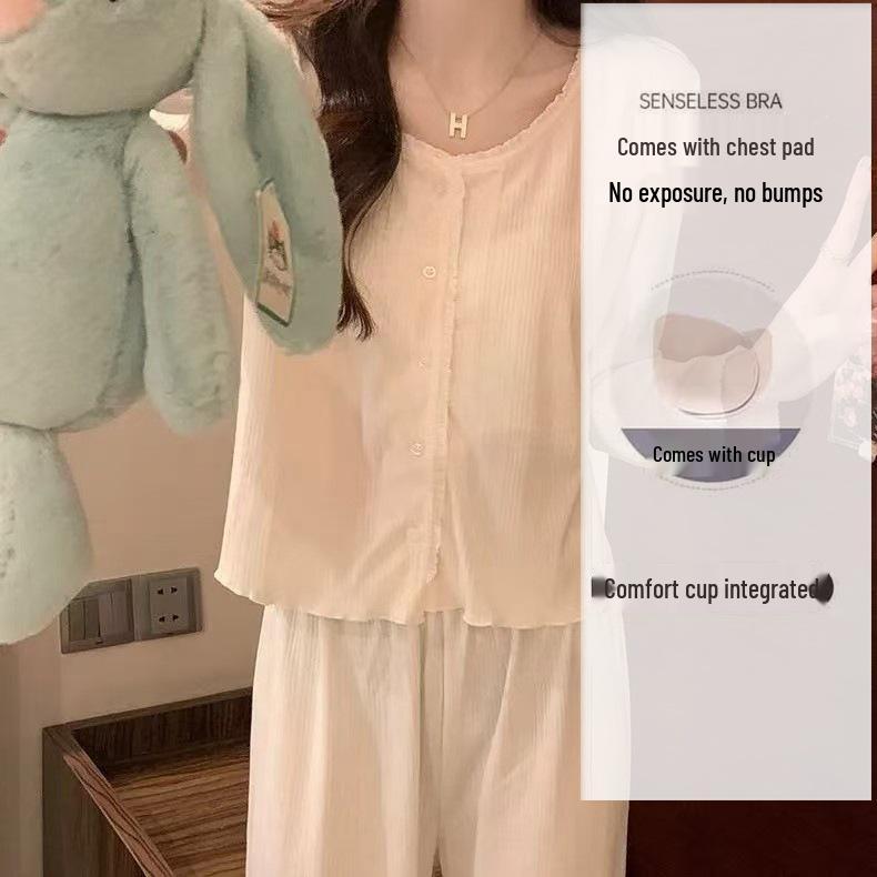 Korean Style Sweet Pajama Set for Girls: Cardigan Long Sleeve with Chest Pads, Wear Outside, Spring/Autumn Casual.