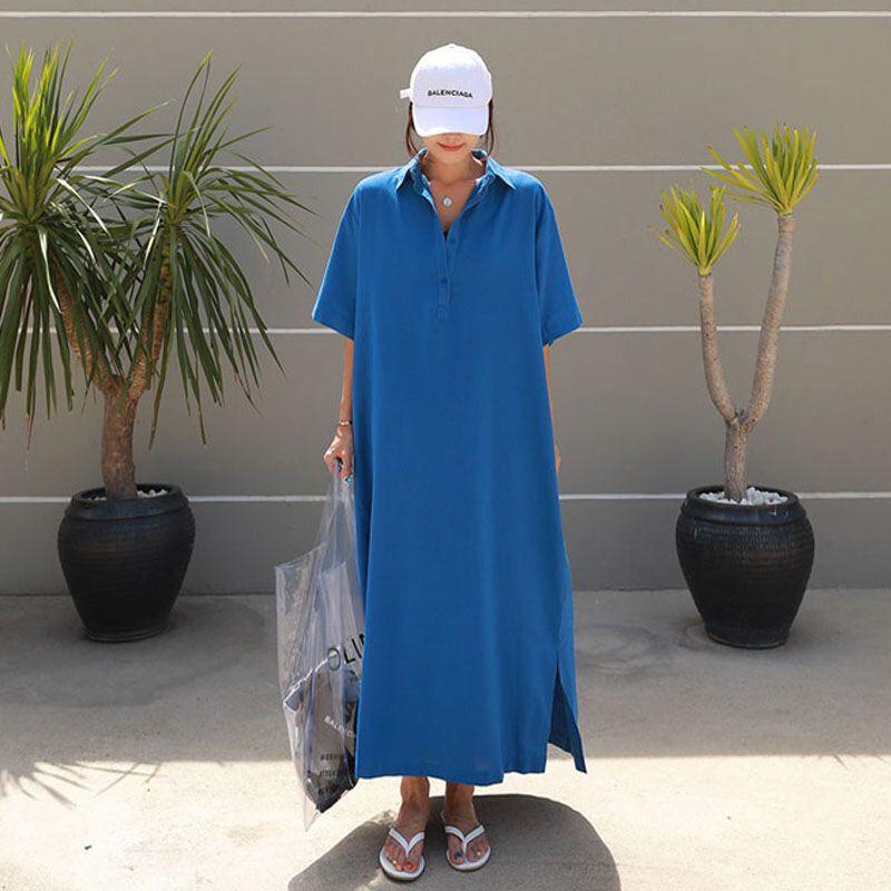 Summer New Turn-down Collar Solid Color Tshirt Dress Women Button Short Sleeve Loose Casual Maxi Dress Ladies Korean Style Robe