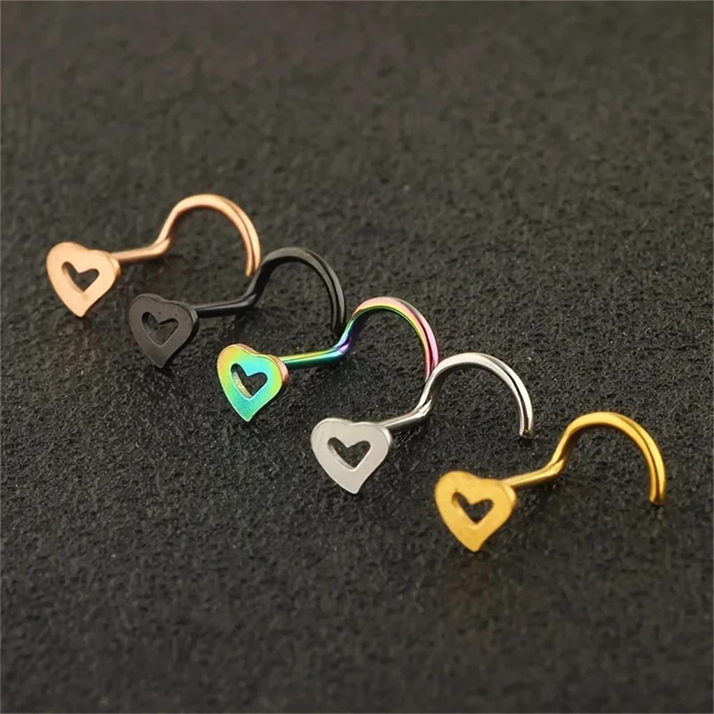 5 Pcs Fashion Hollow Heart Stainless Steel Nose Studs For Women Nostril Piercing Screw Type Body Jewelry