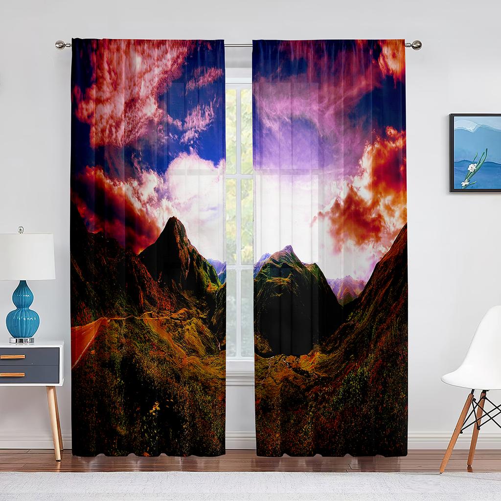 Autumn Mountains Forest Rivers Landscape Tulle Curtains for Living Room Decoration Chiffon Sheer Voile Kitchen Bedroom Curtain