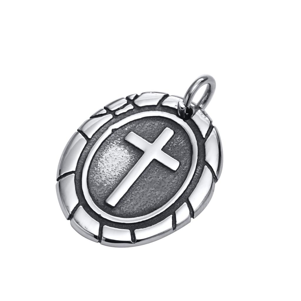 Men's Double-Sided Cross Oval Pendant Necklace In Titanium Stainless Steel, Steel Color, Quanxi Water Design (Model: PN-1808)