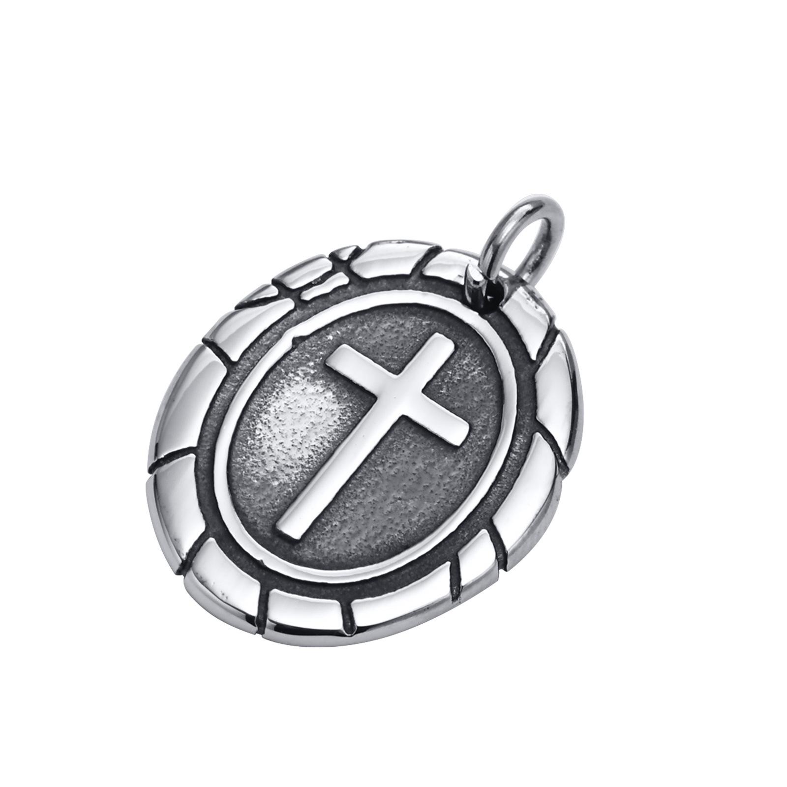 Men s Double-Sided Cross Oval Pendant Necklace in Titanium Stainless Steel, Steel Color, Quanxi Water Design (Model: PN-1808)