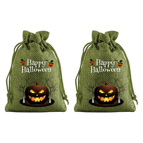 Handmade Style Party Bags 2Pcs Halloween Pumpkin Drawstring for Candy Treats, Retro Burlap Festival Totes Trick or Treat Bags, Portable Goodie