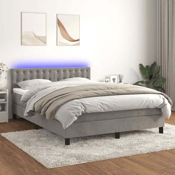 Sommier à lattes avec matelas - Maison Exclusive - 140x200 cm - Velours gris clair - Bande LED colorée