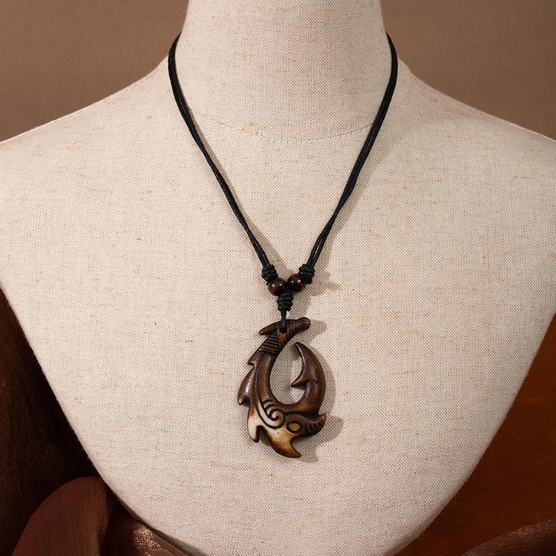 New Zealand Tribal Ethnic Style Resin Necklace Maori Fish Hook Imitation Bone Pendant Sweater Chain Scenic Travel Jewelry