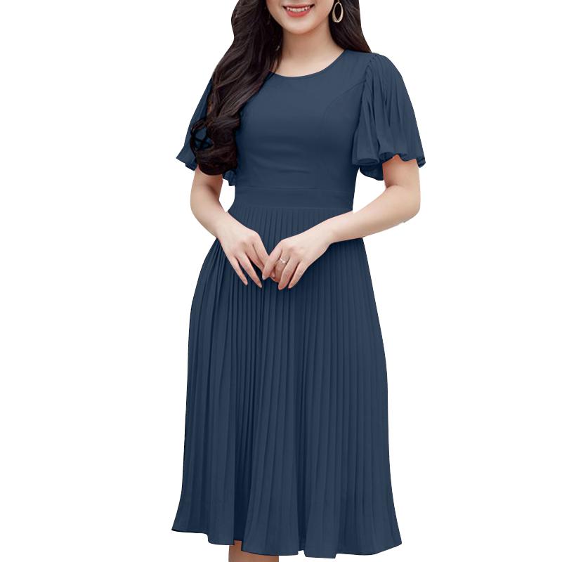 

ZANZEA Women Summer Round Neck Short Sleeve Casual Pleated Dress M Темно-синій