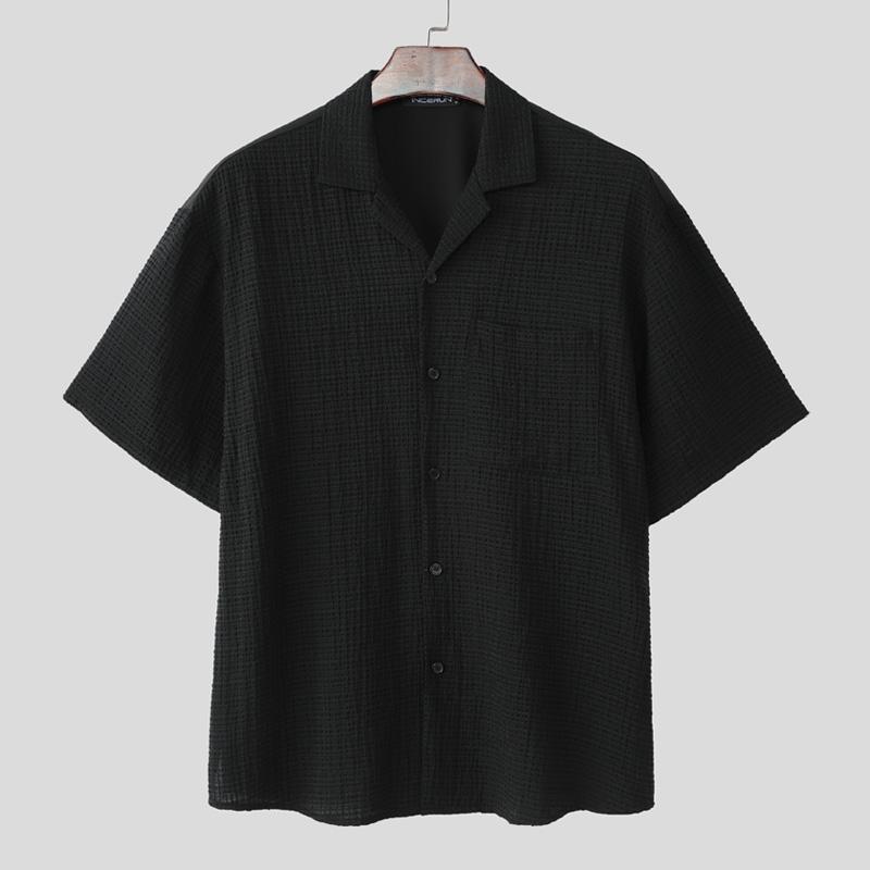 

INCERUN Oversized Men Short Sleeve Texture Back Patchwork Buttons Semi-Sheer Casual Shirts S