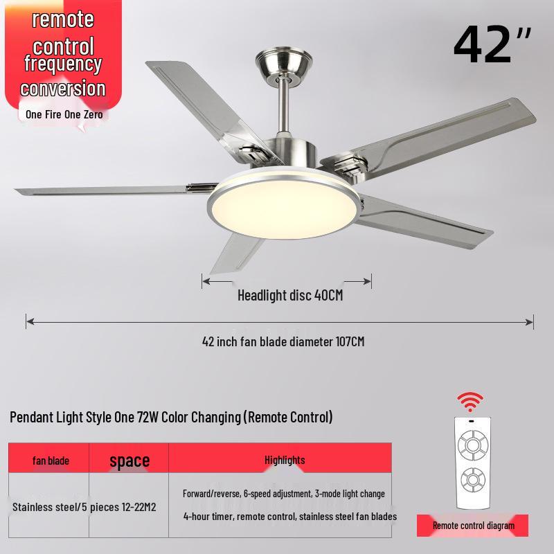 Modern Minimalist Ceiling Fan with Five Stainless Steel Blades, LED Light, Low Noise, and Frequency Conversion for Living Room or Dining Room.